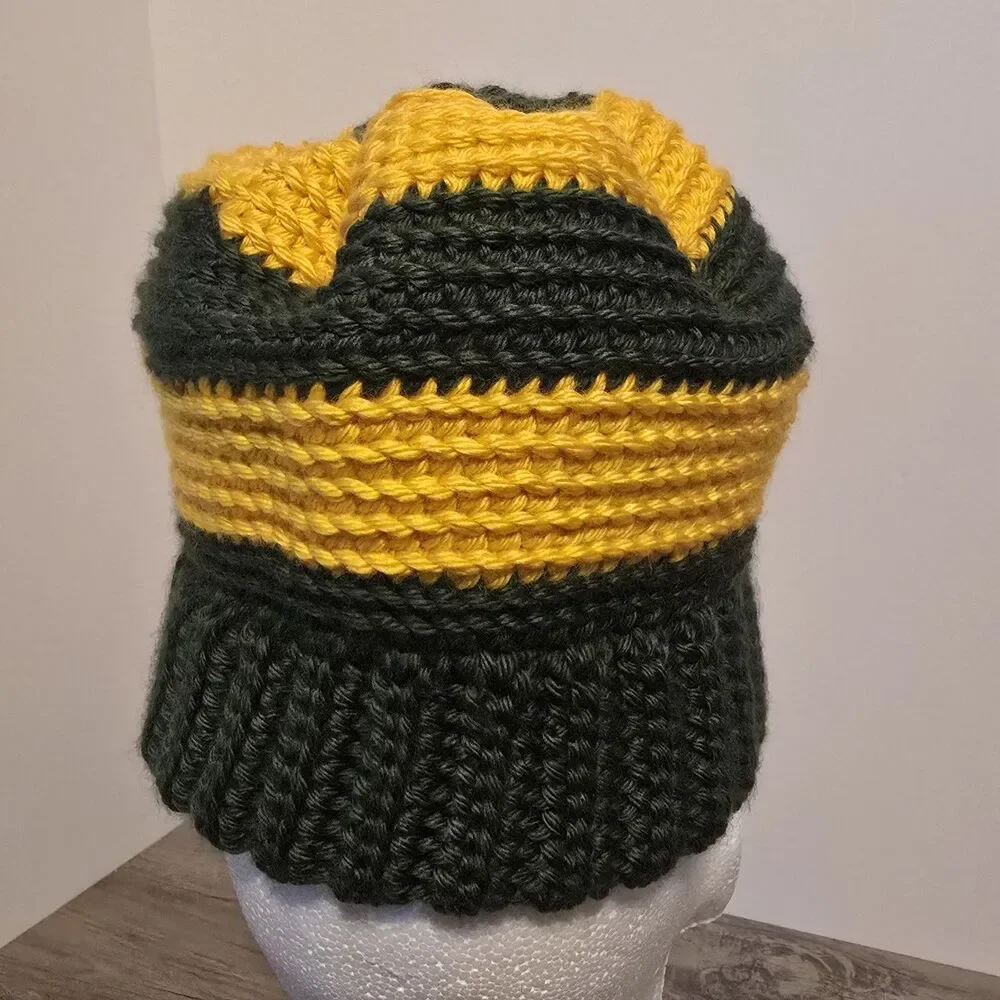 Crochet Beanie, One Size, Green/yellow, Double Crochet.